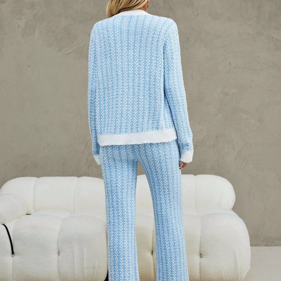 Blue and White Casual Womens Contrast Trim Cardigan & Knit Pants - Picture 3 of 5